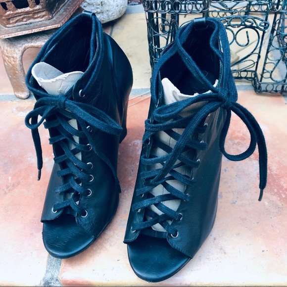 Joie Lace Up Open Toe Wedge Ankle Leather Booties Size 7 Black Heel 4” - Picture 7 of 13